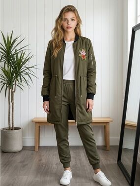 H&M Embroidered Olive Green Bomber Jacket